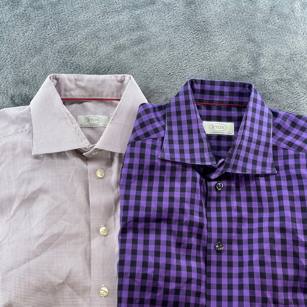 Lot of 2 Eton Contemporary Fit Dress Shirts Mens 15.75 40 Purple Gingham Micro